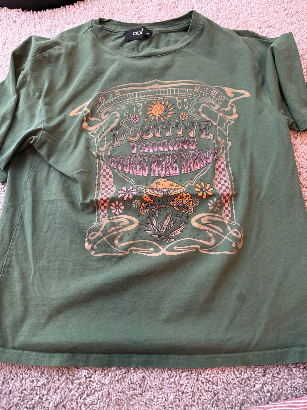 Cider Olive Green Graphic Tee with Pink and Yellow Print